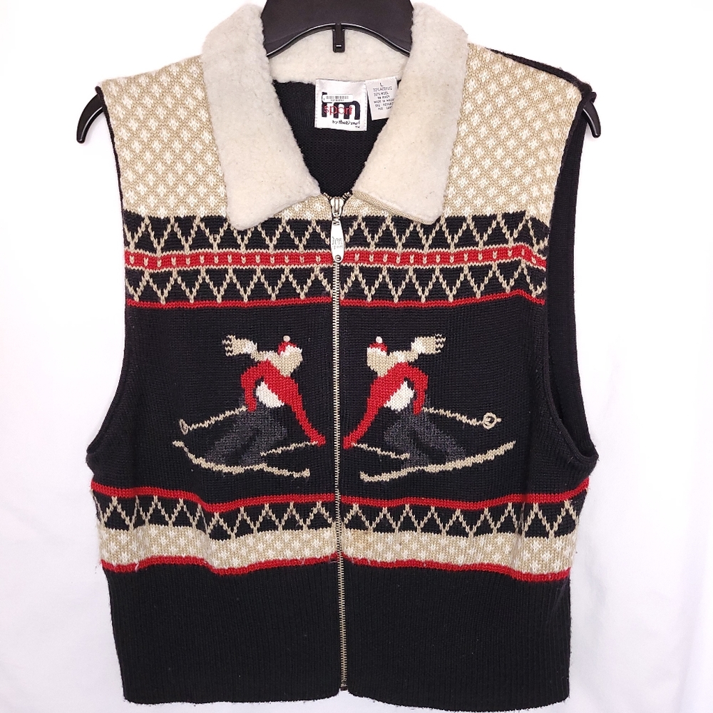 VINTAGE rm sport by that's me Women's Full Zip Wool Blend Vest With Skiers LARGE